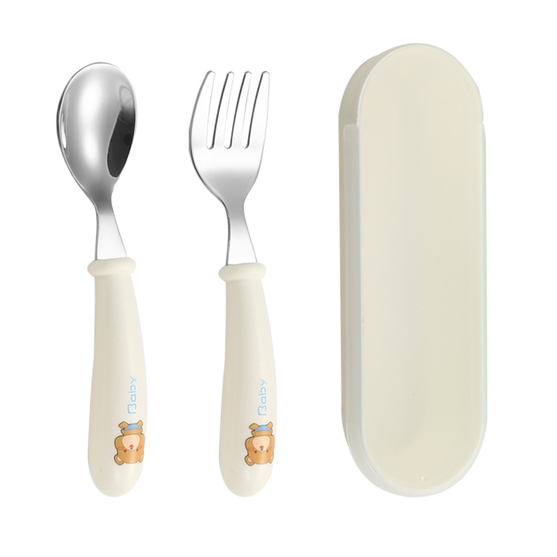 Nordic Cartoon 304 Stainless Steel Children's Spoon Fork Box Three-piece Set Baby Tableware Mother and Child Gift Round Handle Spoon Fork