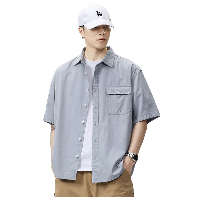 American Workwear Short-Sleeved Shirt Men's Summer Solid Color Lapel Pocket Casual Shirt Pure Cotton Shirt Casual Suit Trendy