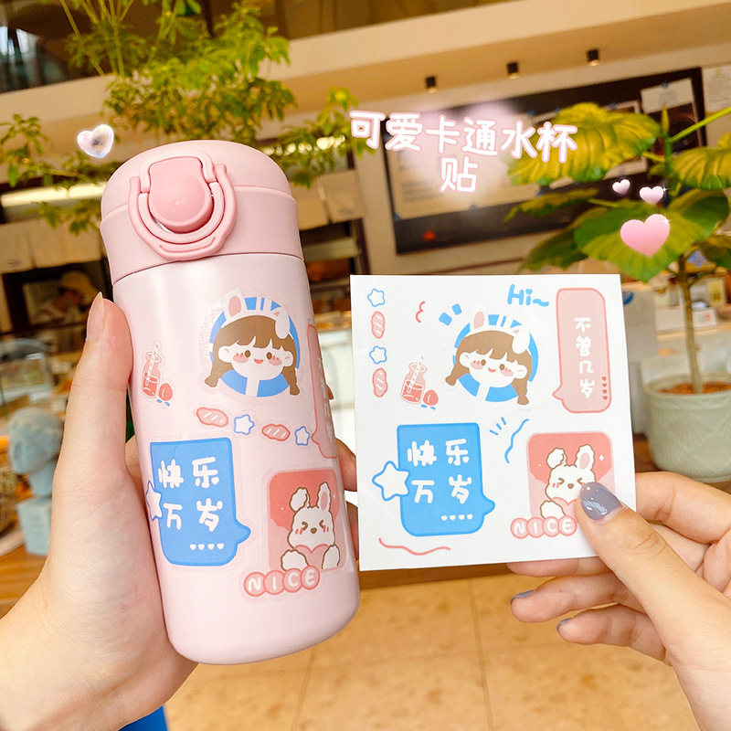Cartoon Cute Water Cup Paste Mobile Phone Sticker Cute Girl Heart ins Wind Waterproof PET Hand Account Paste Cup Sticker