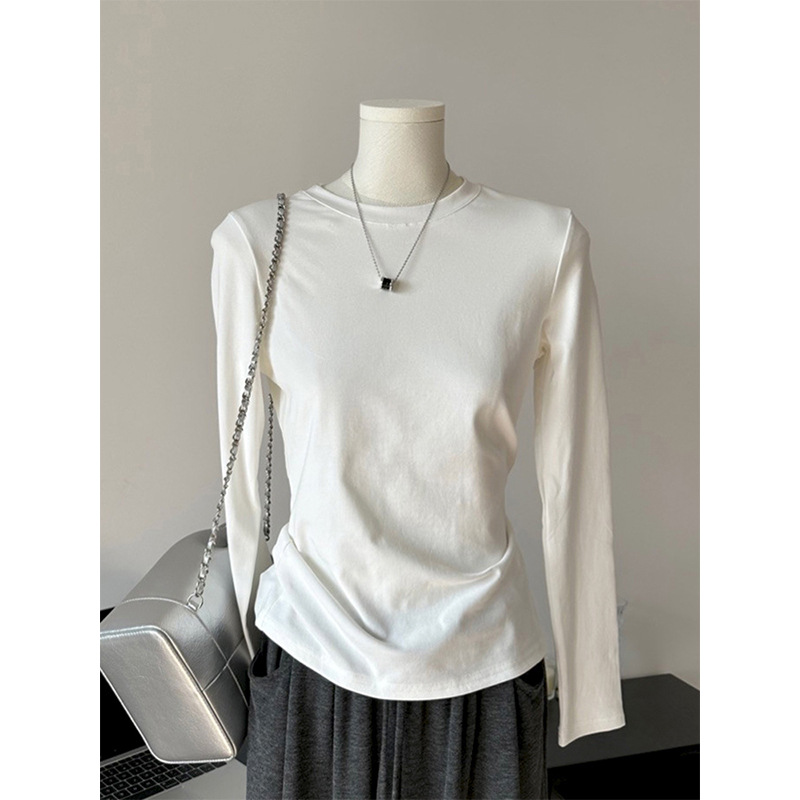 American Hot Girl Slim Basic Long-Sleeved T-Shirt for Women in Spring, Autumn and Winter Fleece-Lined Brushed Inner Bottoming Right Shoulder Top