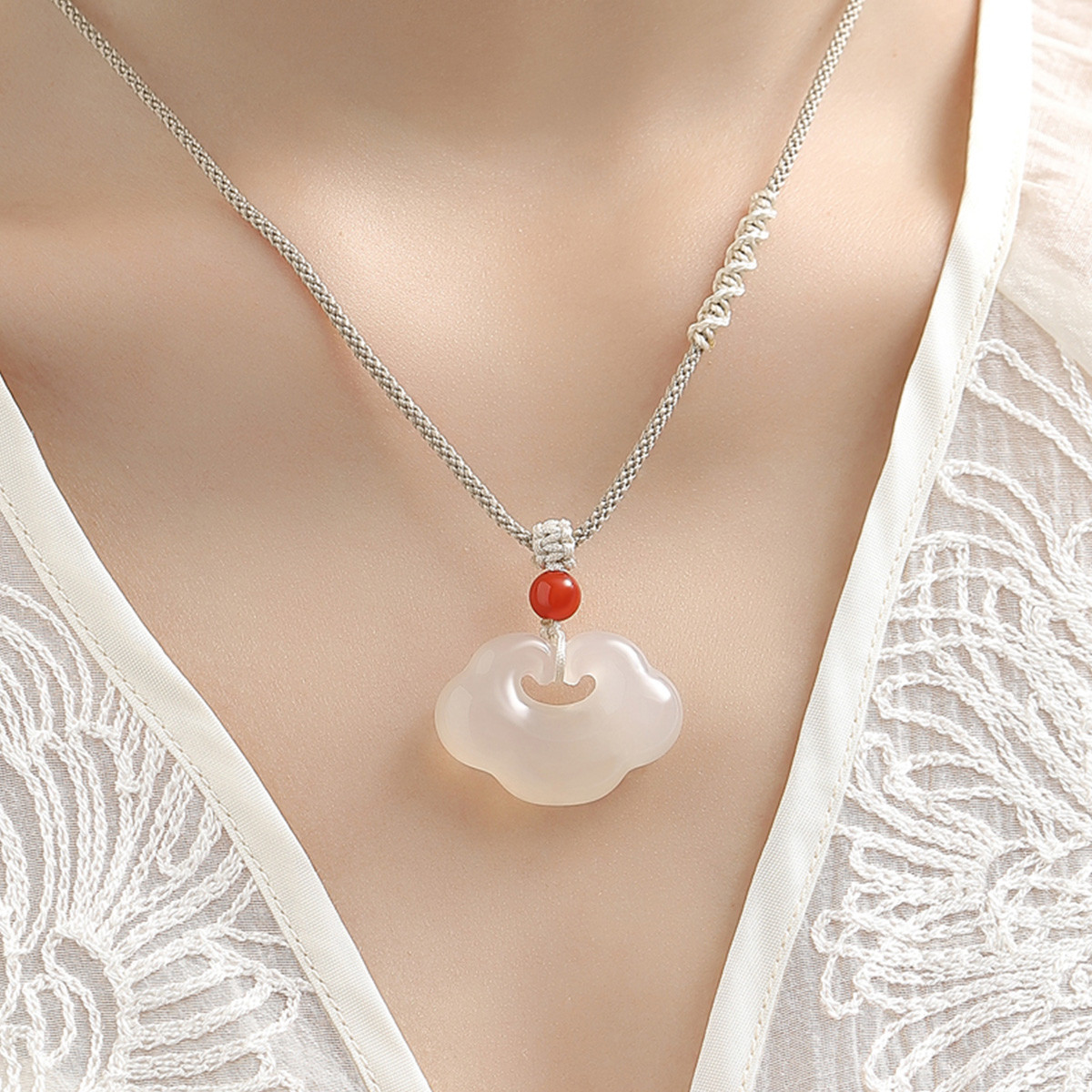 Chalcedony Xiangyun Ruyi Necklace Women's New Chinese Pendant Neck Chain Accessories Birthday Gift