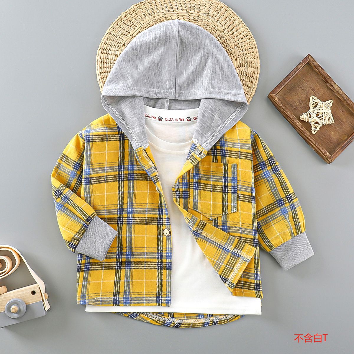 Children's long-sleeved shirt Plaid baby spring and autumn clothing top children's cardigan shirt Western style children's spring and autumn hooded