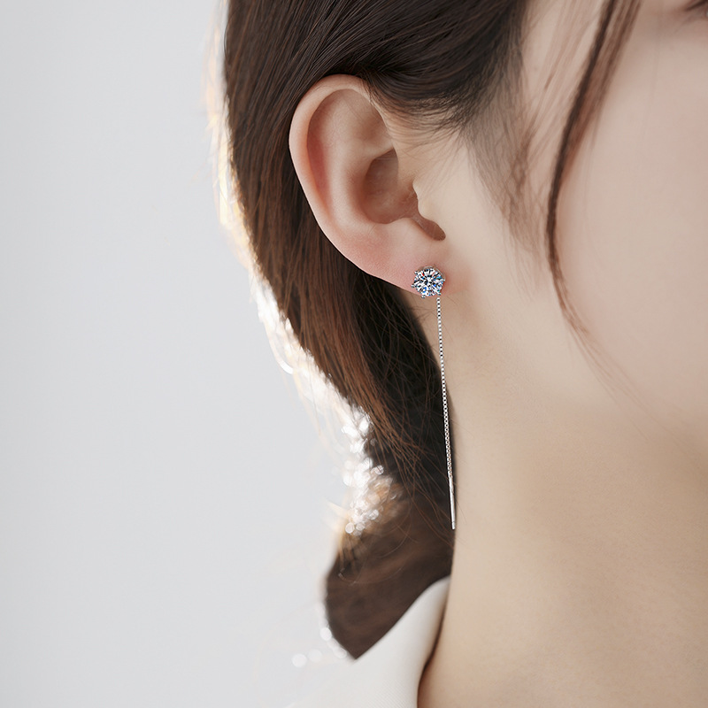 S925 Sterling Silver Ear Wire Moissanite Tassel Earrings for Women, Light Luxury, Simple and Elegant Design with a High-End Feel, Featuring a Six-Prong Setting