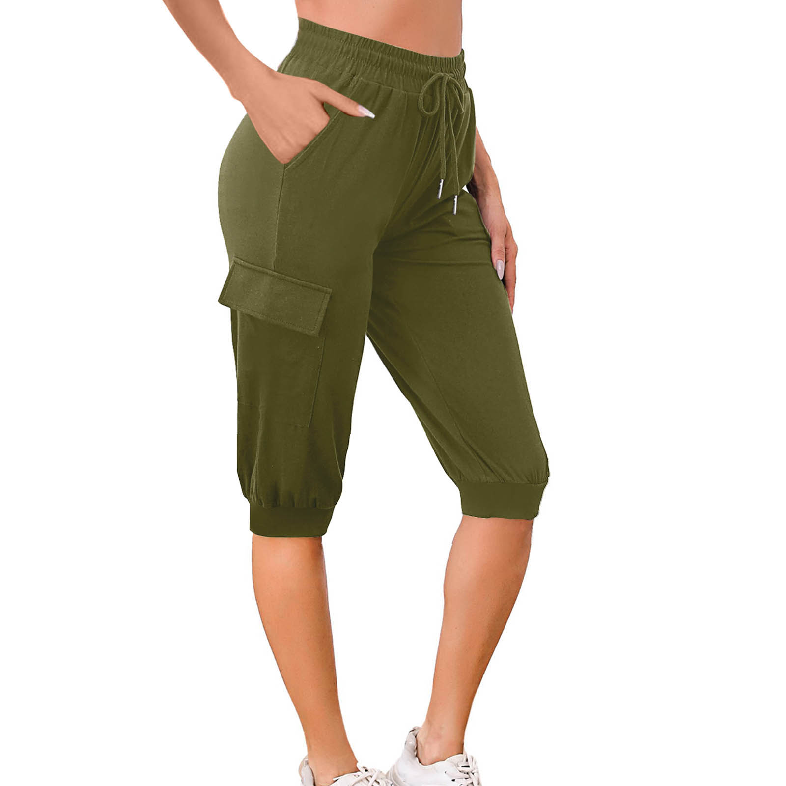 in stock 2024 Summer Cross-border European and American Seven-point Casual Tight High Waist Rope Multi-bag Sports Short-sleeved Yoga Pants