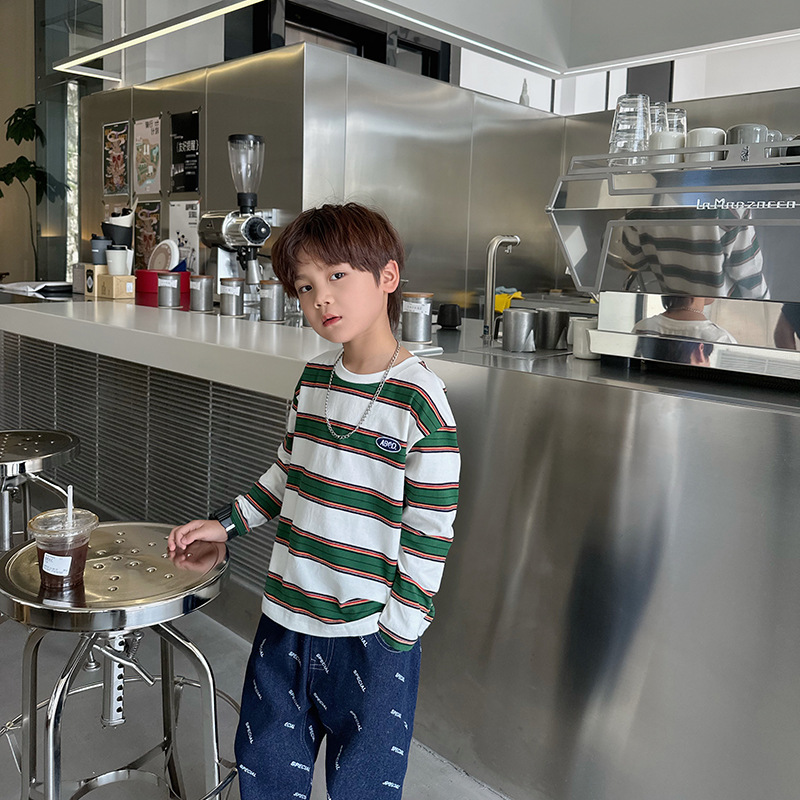 Boys' autumn children's striped contrast color fashionable T-shirt long sleeve loose casual T-shirt top versatile handsome fashion
