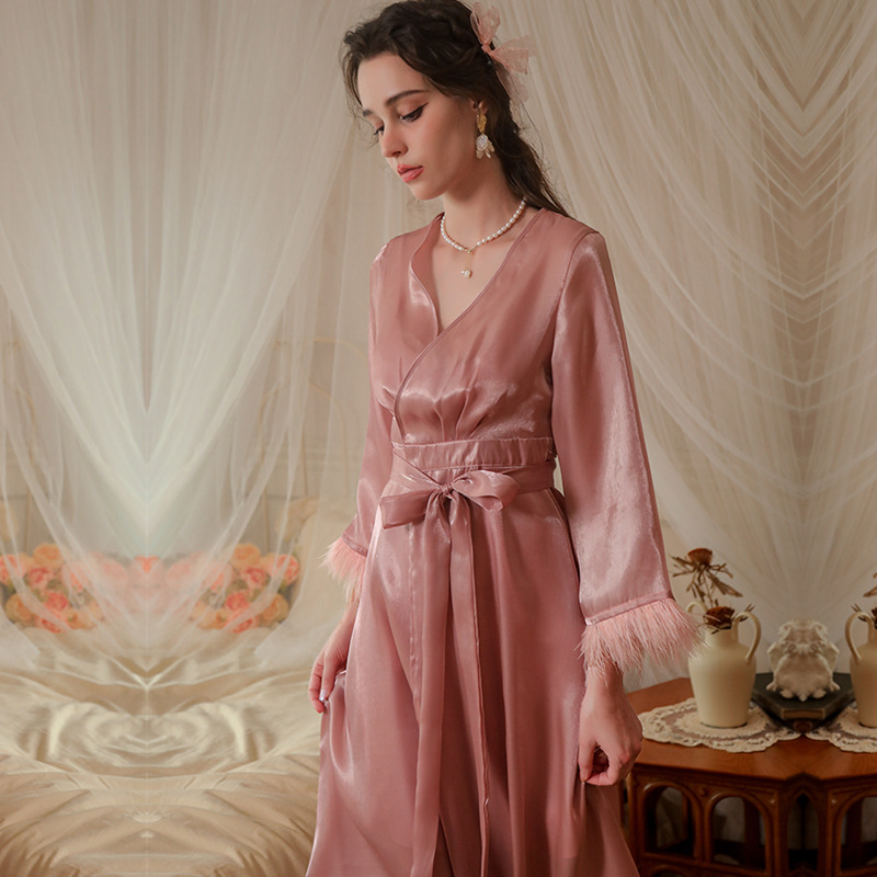 bride morning gown women's feather nightgown wedding makeup bridesmaid group wedding kimono satin long bathrobe