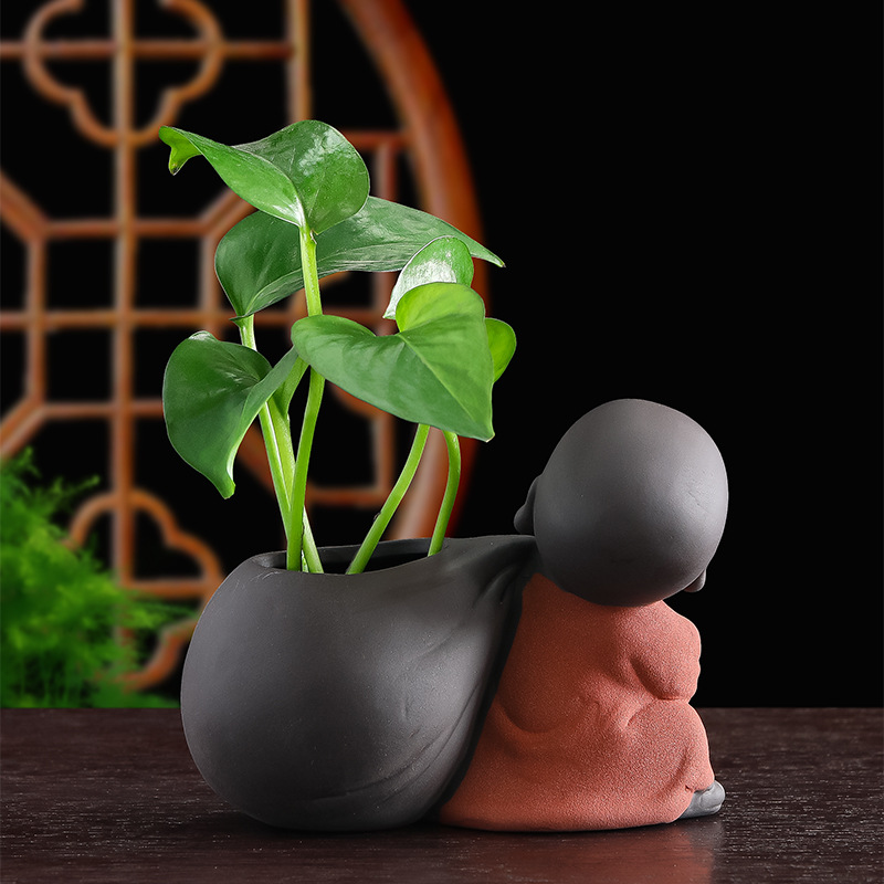 Rui Jie Cute Purple Sand Little Monk Flower Ware Tea Pet Ornaments Water Raising Flower Insert Tea Table Tea Set Office Desktop Hydroponic