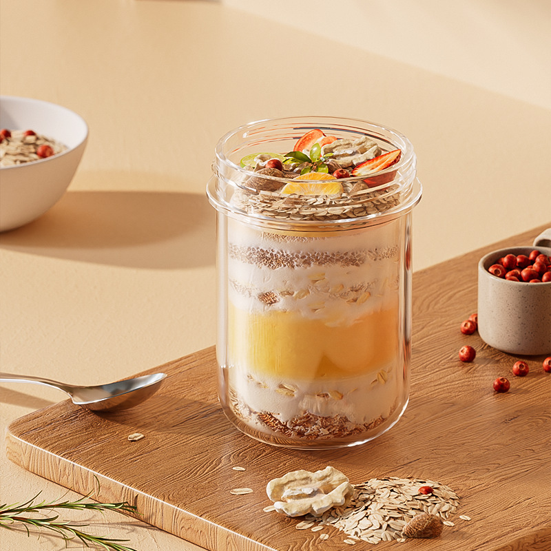 Breakfast Cup Sealed Overnight Yogurt Cup Overnight Oatmeal Cup 430ml Portable Glass Salad Jar Milk Tea Cup with Spoon