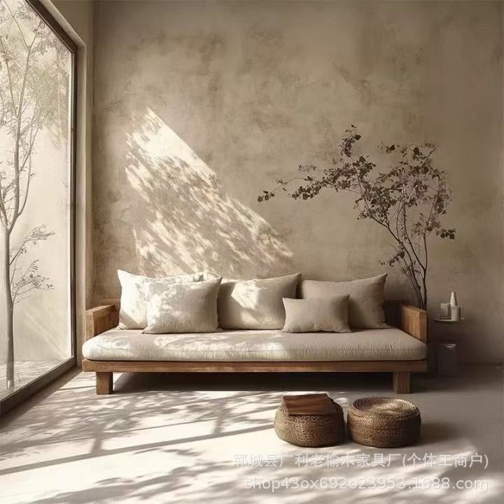 Solid Wood Sofa Quiet Style Vintage Living Room Sofa Homestay Villa Old Elm Sofa Small Apartment Double Sofa