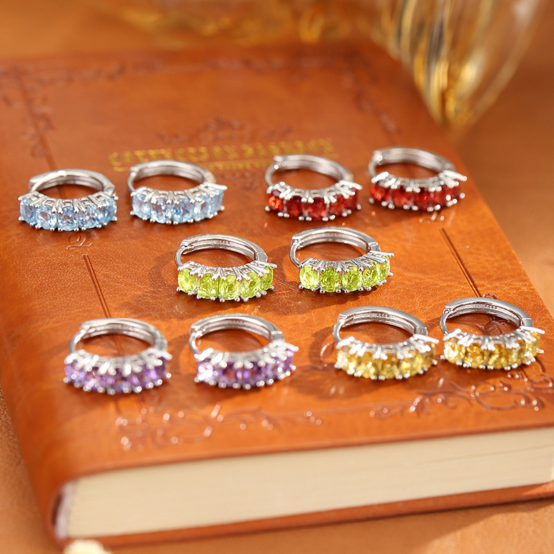 European and American Style S925 Sterling Silver Earrings High-End Row Inlaid Natural Crystal Stone Accessible Luxury Earrings Niche Amethyst Citrine