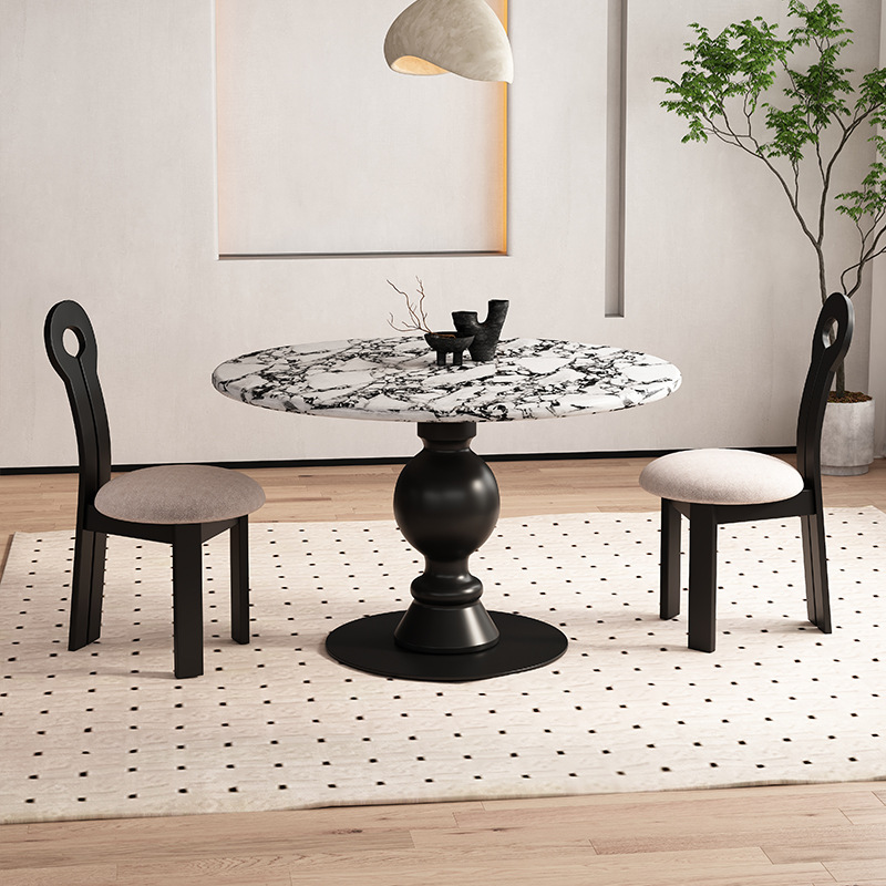 Marble Boga Round Table French Retro Cream Style Solid Wood Simple Light Luxury Luxury Stone High-End Round Dining Table and Chairs