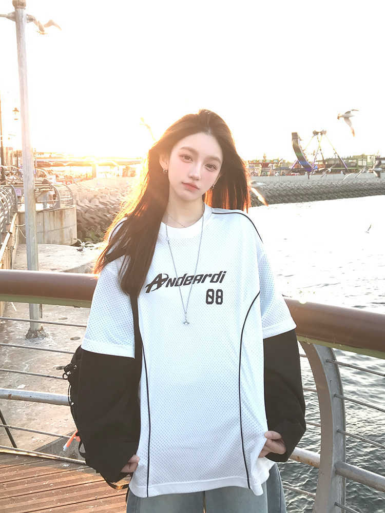 Andeardi Design Fake Two-Piece Contrasting Color Splicing Long-Sleeved T-Shirt Women's Summer Lightweight Breathable Jersey Style Top