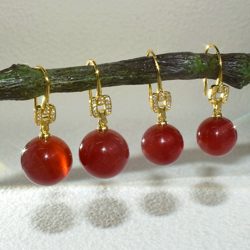 Natural Emerald Ear Hook Ice Red Agate Money Rolling Earrings Retro New Chinese Women's Earrings Supply Wholesale