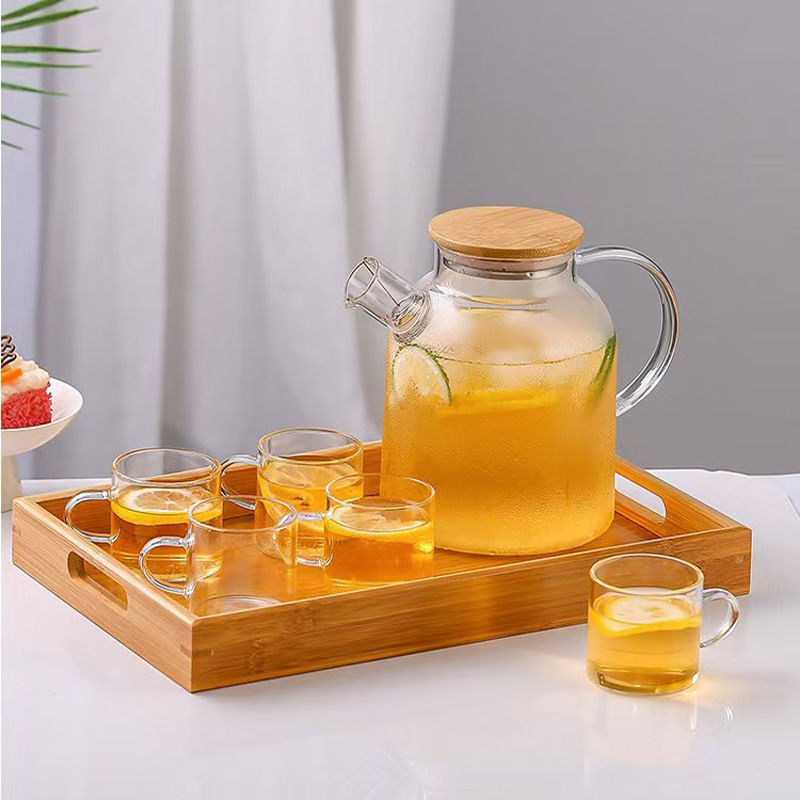 Оптовая стеклянная холодная чайник с бамбуковой крышкой, жаропрочный, большой объем, для холодной воды и кипячения