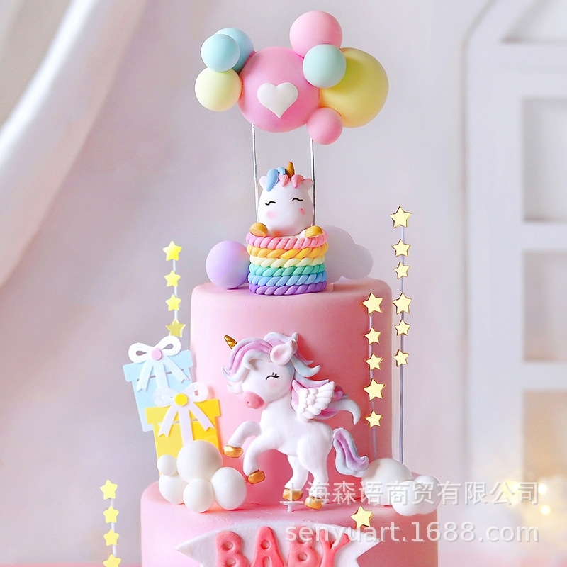 Baking Cake Decoration Girly Heart Rainbow Fantasy Unicorn Clouds Hot Air Balloon Kids Birthday Plug-in