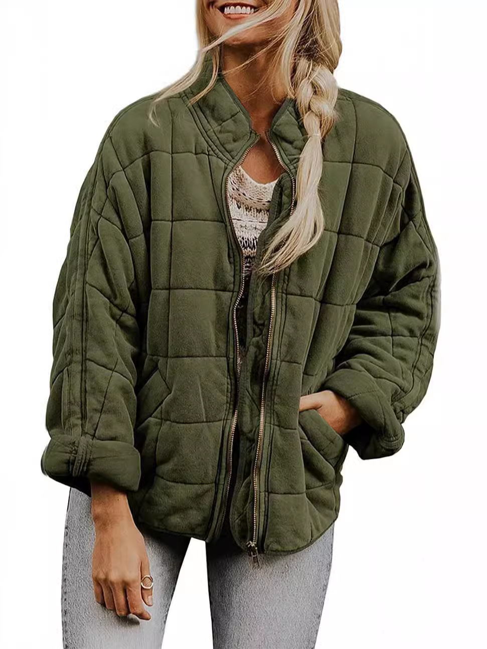 Cross-border foreign trade Amazon solid color stand collar cotton-padded jacket 2024 European and American women's loose long sleeve pocket jacket