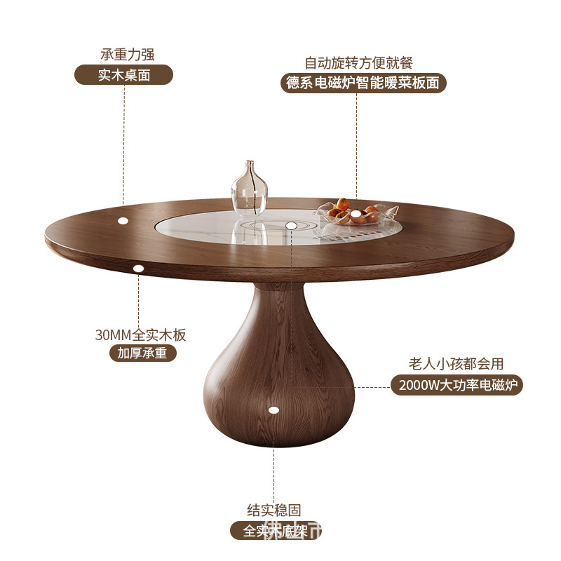 Medieval Style Solid Wood Dining Table for Home Use, Large and Small Sizes, with Induction Cooker, Warming Dish Turntable, Round Living Room, Retro Dining Table
