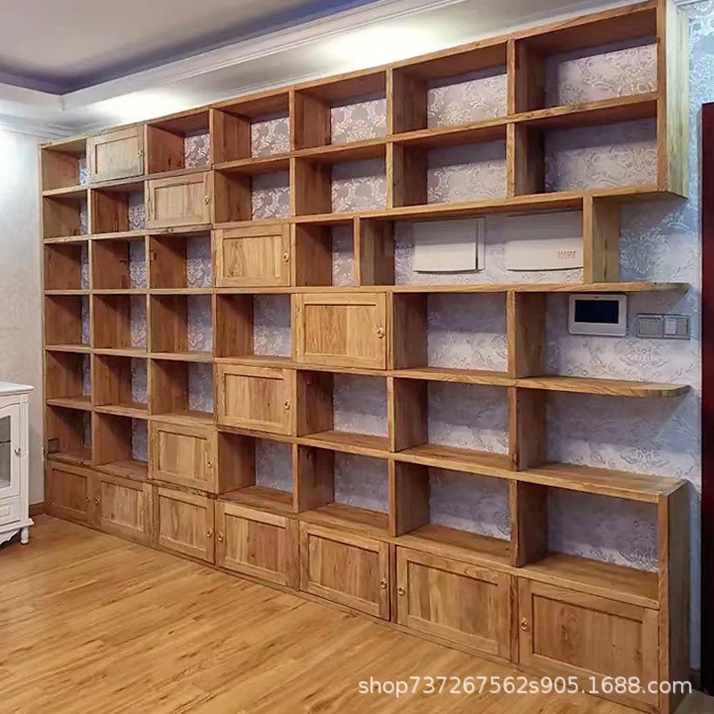 Solid Wood Bookshelf Bookcase Full Wall Old Elm Plaid Bookshelf Floor Supermarket Shelf Log Wall Storage Rack Exhibition Rack