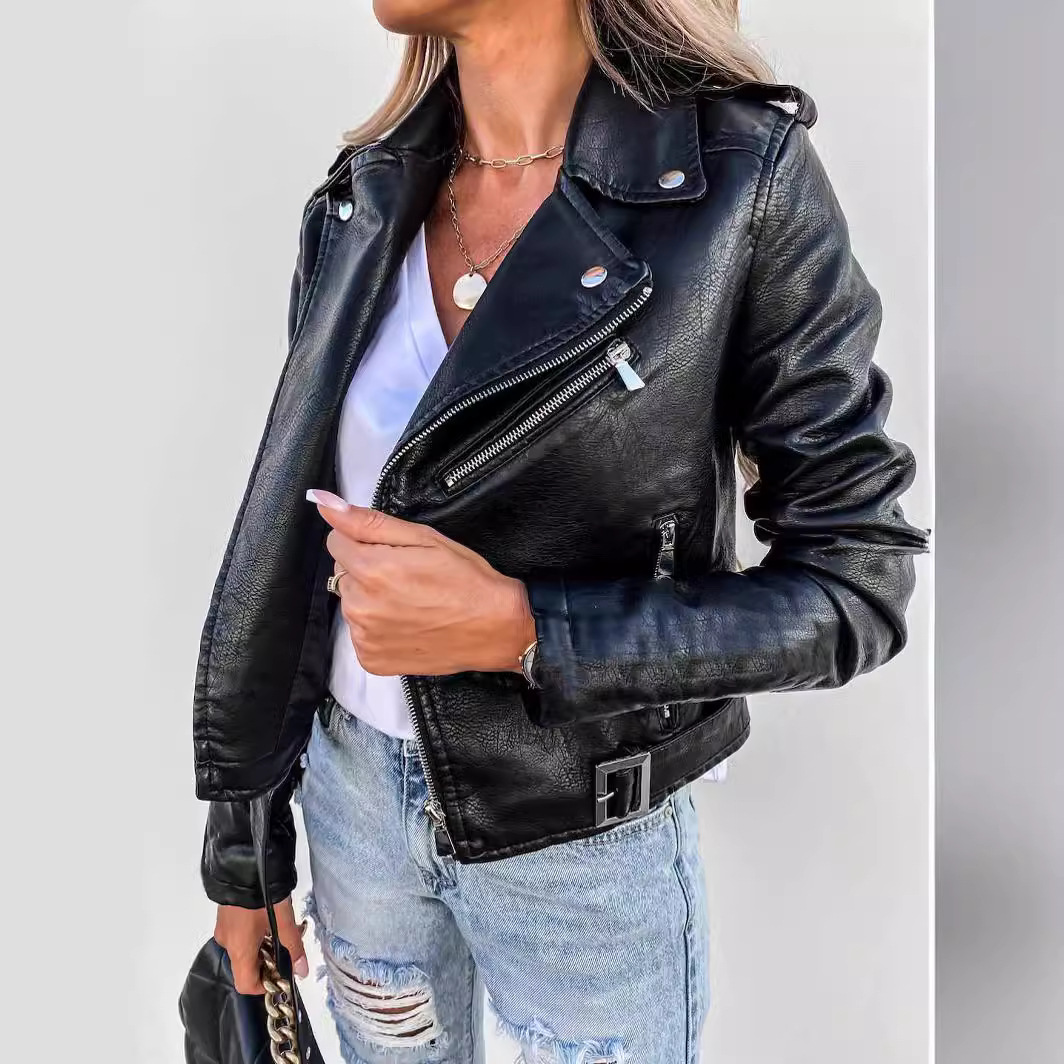 Cross-Border European, American and Russian Export Women's Clothing New 2025 Spring and Summer Jacket Pu Leather Jacket Motorcycle Short Zipper