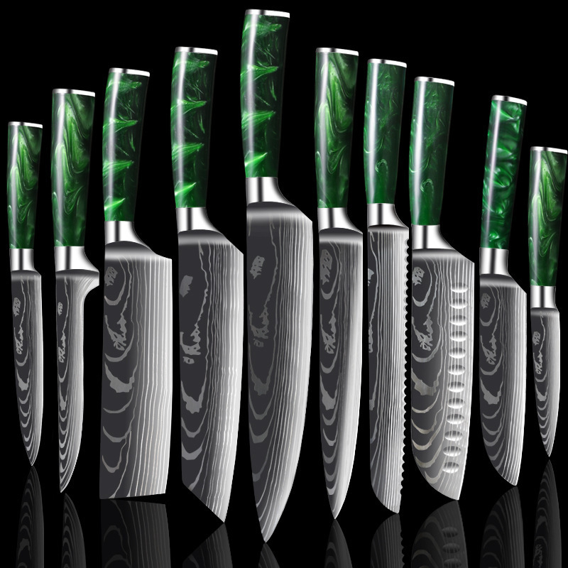Cross-Border Export Green Resin Damascus Pattern Chef's Knife Set Meat Slicing Knife Santoku Knife Japanese Knife