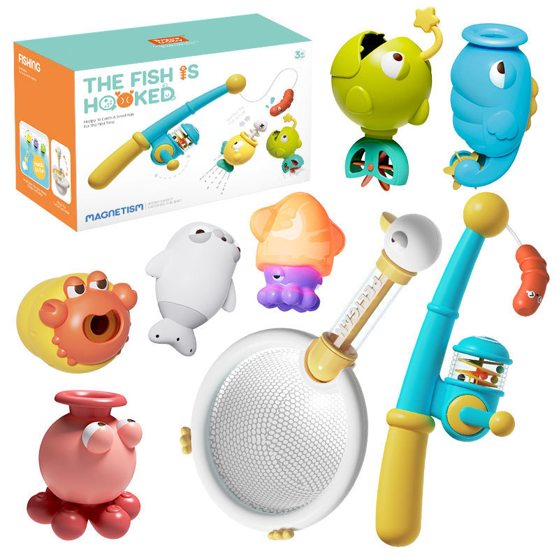Cross-Border Export Amazon Magnetic Fishing Net for Infants and Children Marine Life Bath Bubble Shower Bathroom Toys