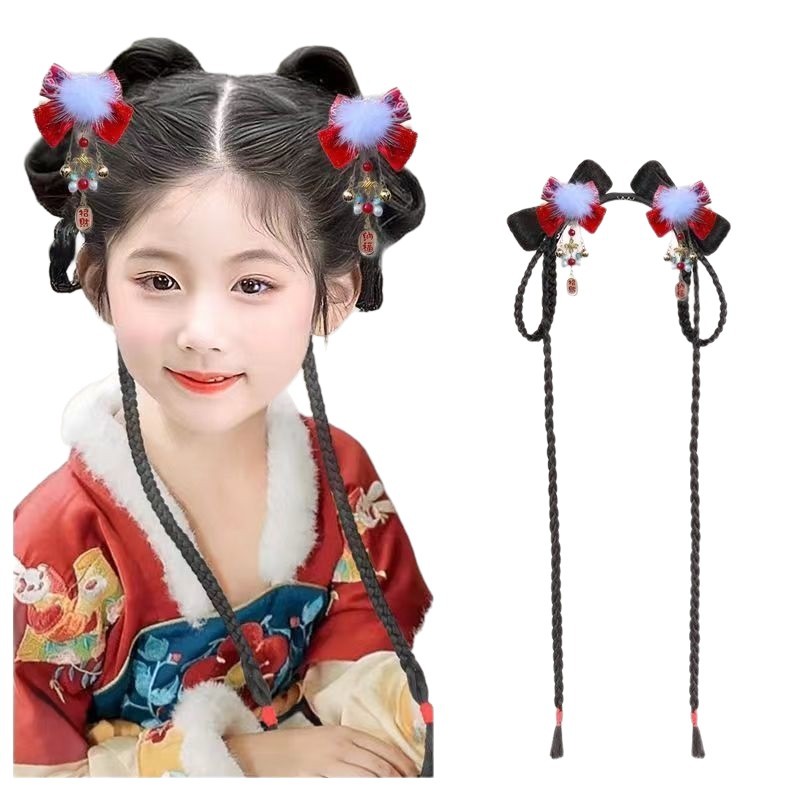 Children's Hanfu Wig Bun Ancient Costume Integrated Hairband Wig Braid Hair Accessory Ancient Style Hairpin Headwear