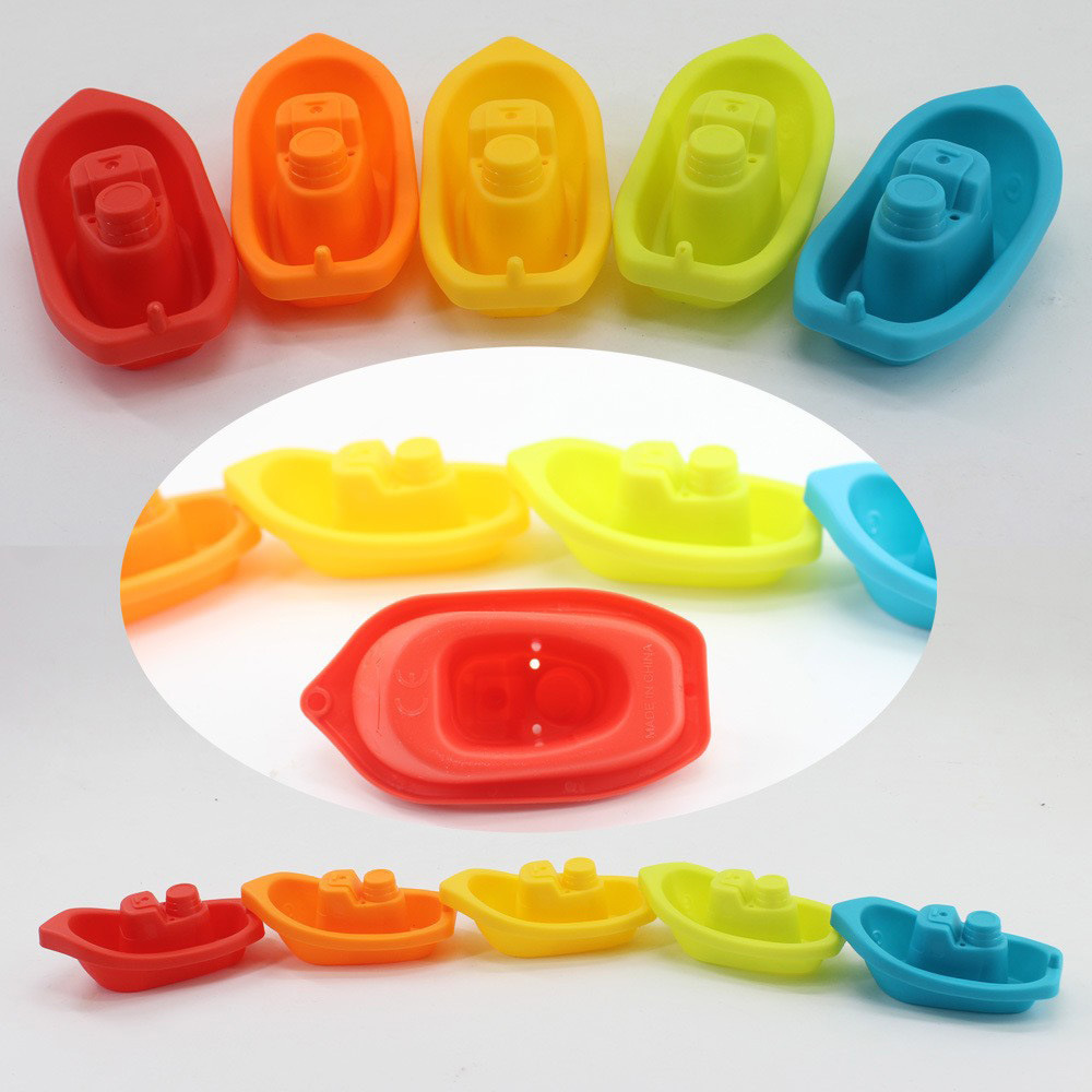 Cross-border baby bath toys early education cognitive bathroom rainbow color water stacked boat baby bathroom toys wholesale