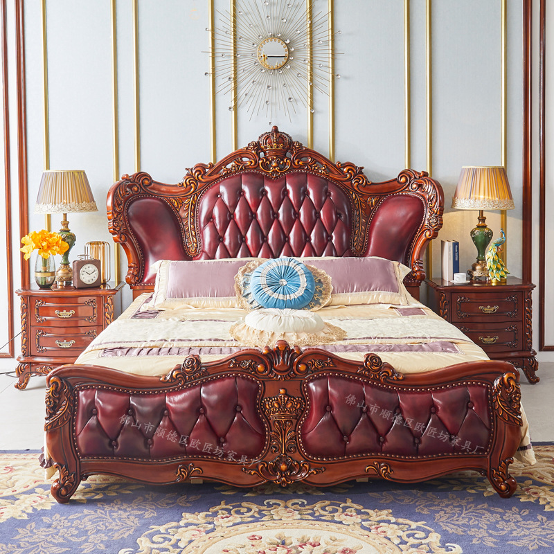 Двуспальная кровать из кожи в европейском стиле, принцесса, 1.8м, свадебная, для спальни, 2м, прикроватная тумбочка из массива дерева, четырехдверный шкаф