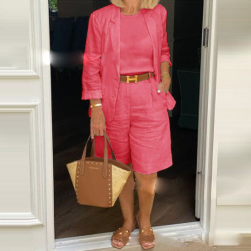 Amazon 2025 Spring and Autumn Cross-Border New Foreign Trade Women's Imitation Cotton and Linen Cardigan Top Shorts Two Pieces Small Suits