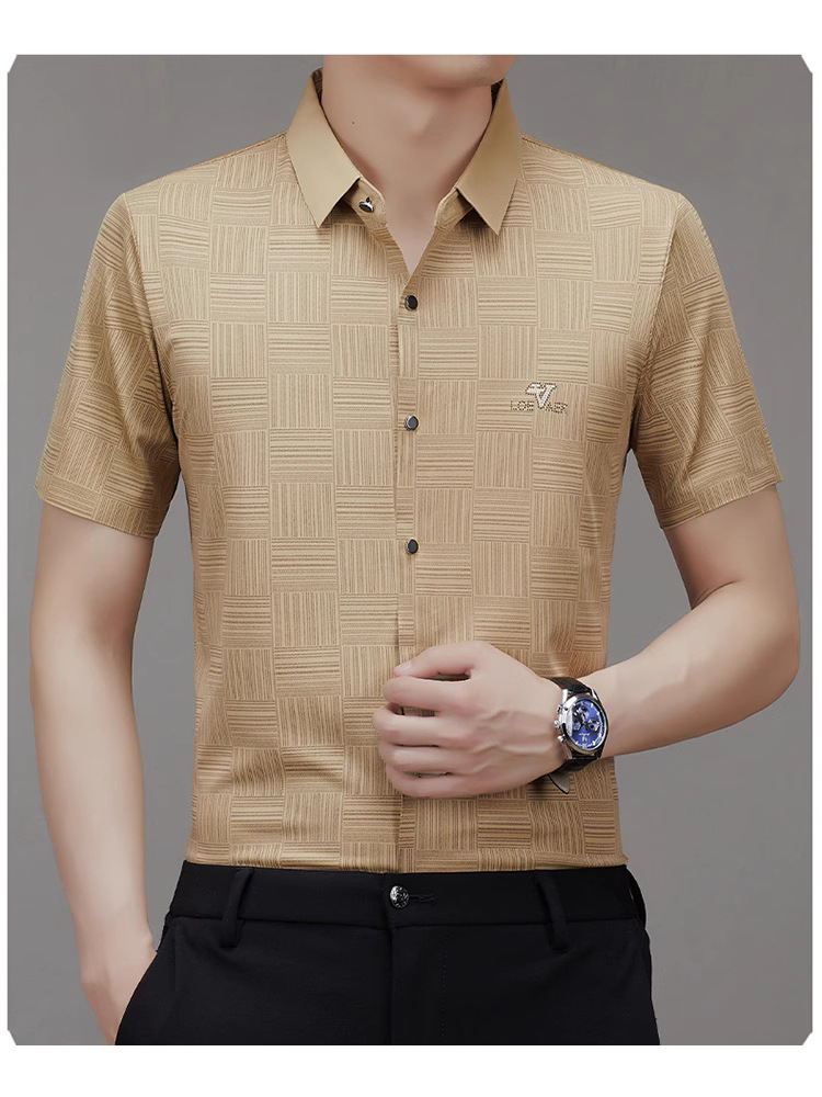 Summer New Men's Short-Sleeved Shirt Business Seamless Printed Plaid Shirt Casual Top Anti-Wrinkle No Ironing Drop Shipping