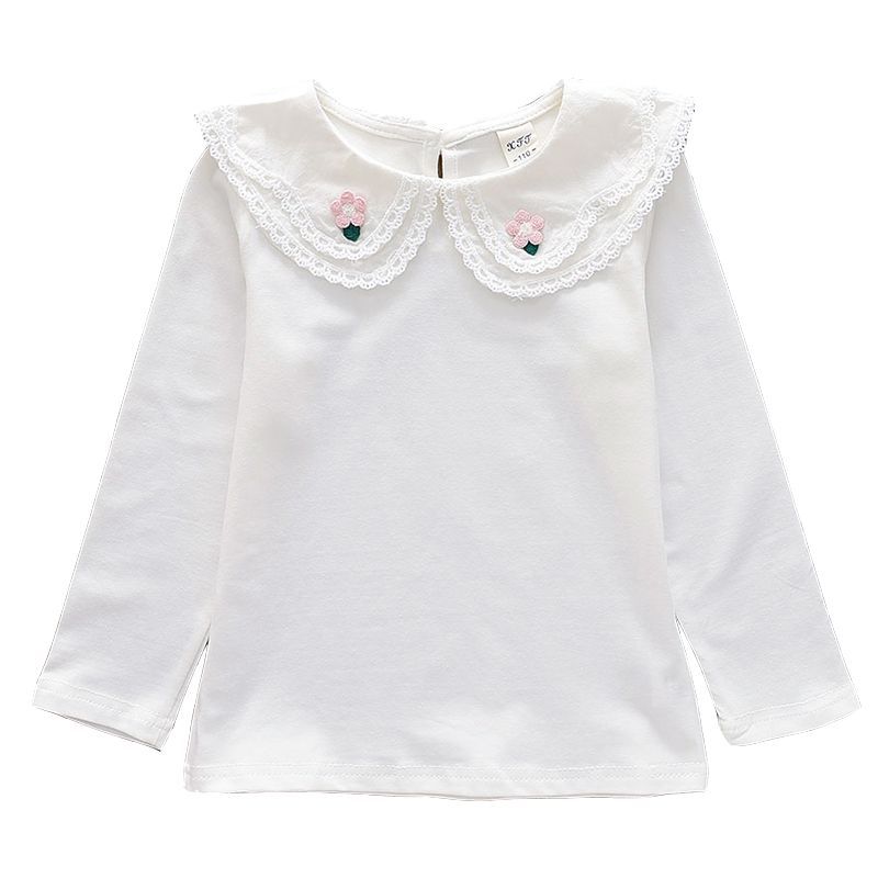 Girls' Lace-Trimmed Collar Base Shirt, Autumn Children's White Pullover Long-Sleeve T-Shirt, Baby Shirt Top