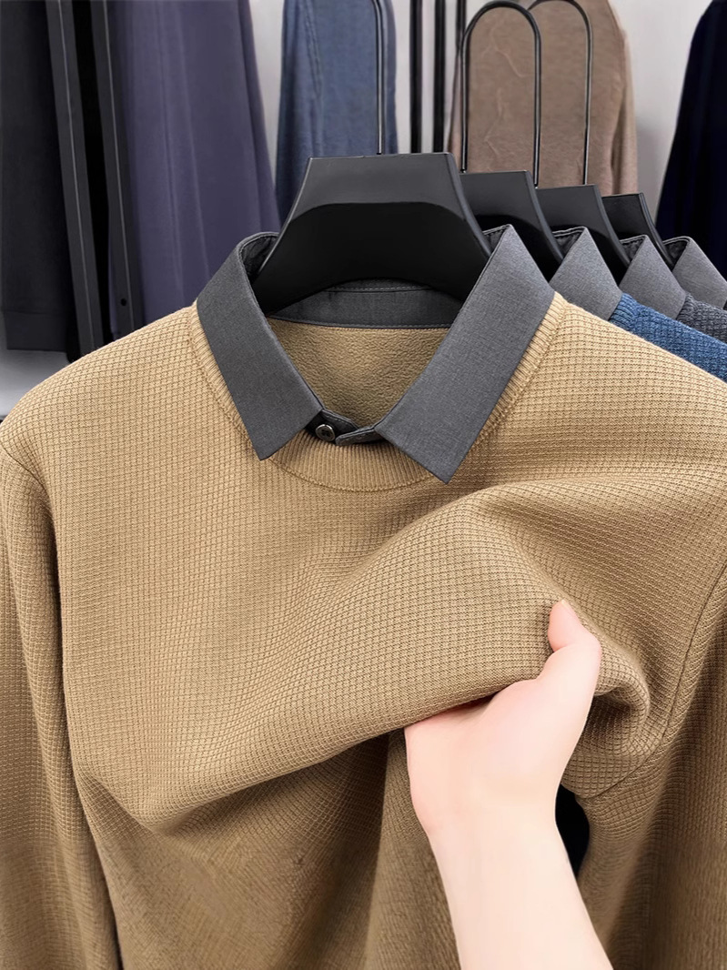 Men's Autumn and Winter fleece-lined Thickened Wool Fake Two-piece Sweater Men's Fashion Korean Casual Base Sweater Shirt