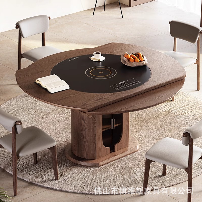 Medieval Style Retractable Round Wine Glass Solid Wood Dining Table with Built-In Induction Cooker Turntable Home Retro Style Dining Table