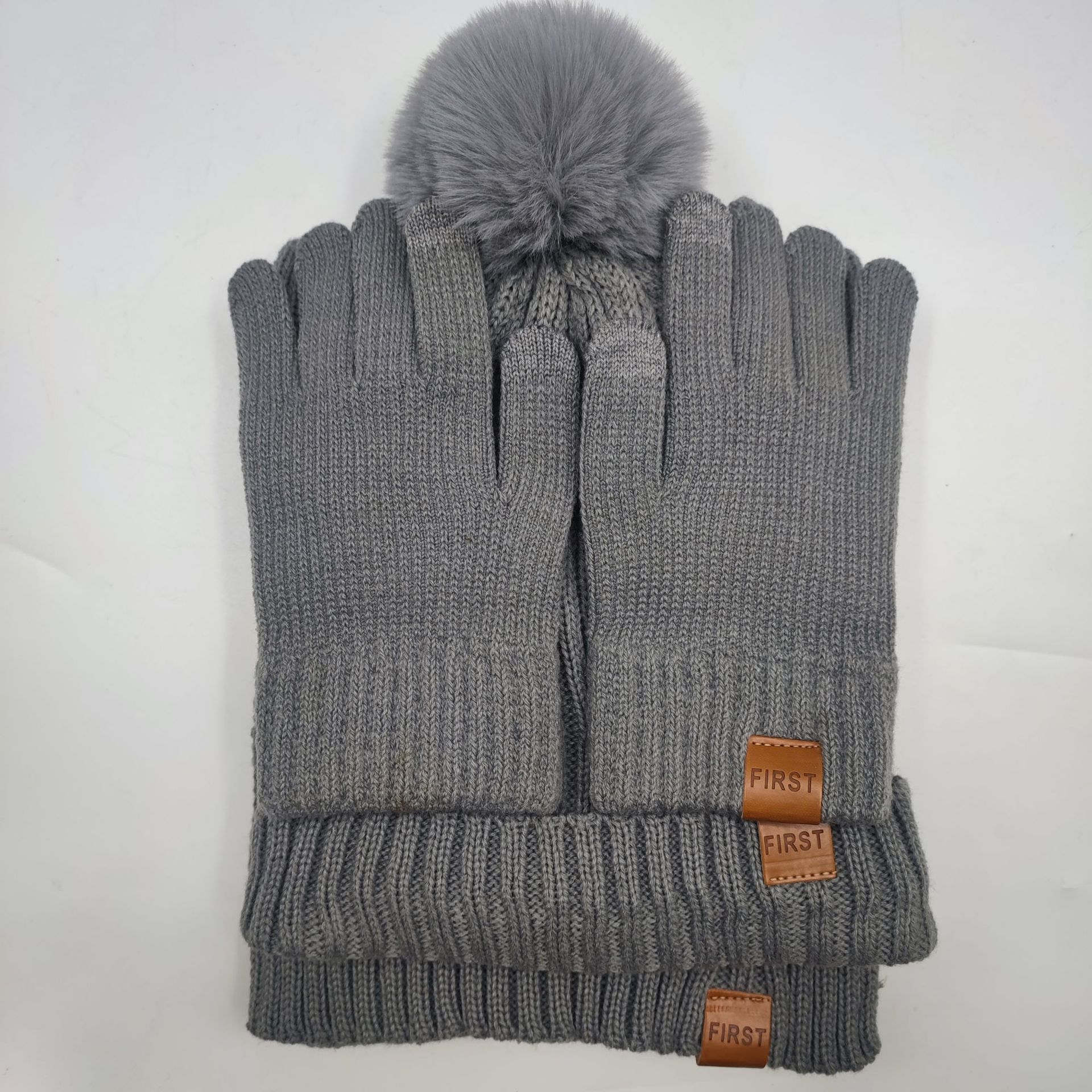 Cross-Border E-Commerce Factory New Spot Adult 9-Color Men's and Women's Knitted Hats, Scarves, Gloves, Touch Screen 3-Piece Set