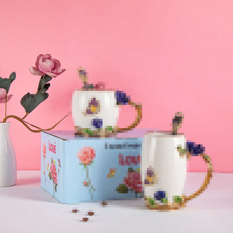 Hand-painted ceramic mark pair cup rose enamel cup breakfast cup oatmeal scented tea cup with spoon wedding gift