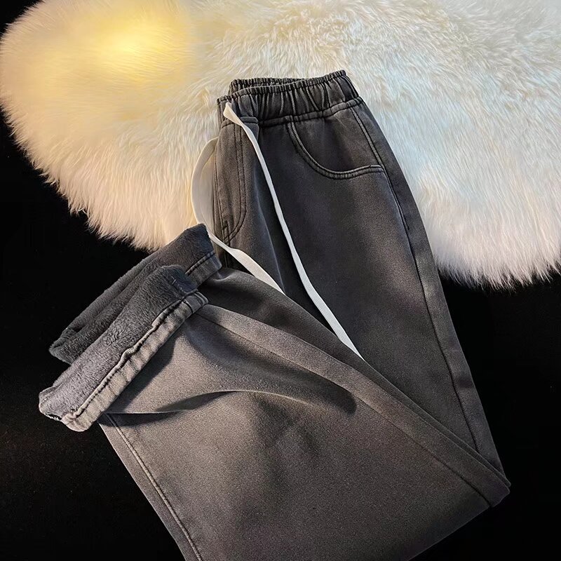 fleece-lined Thickened Jeans Men's Autumn and Winter All-match Straight Pants Loose Casual Wide Leg Long Pants Men's Wholesale