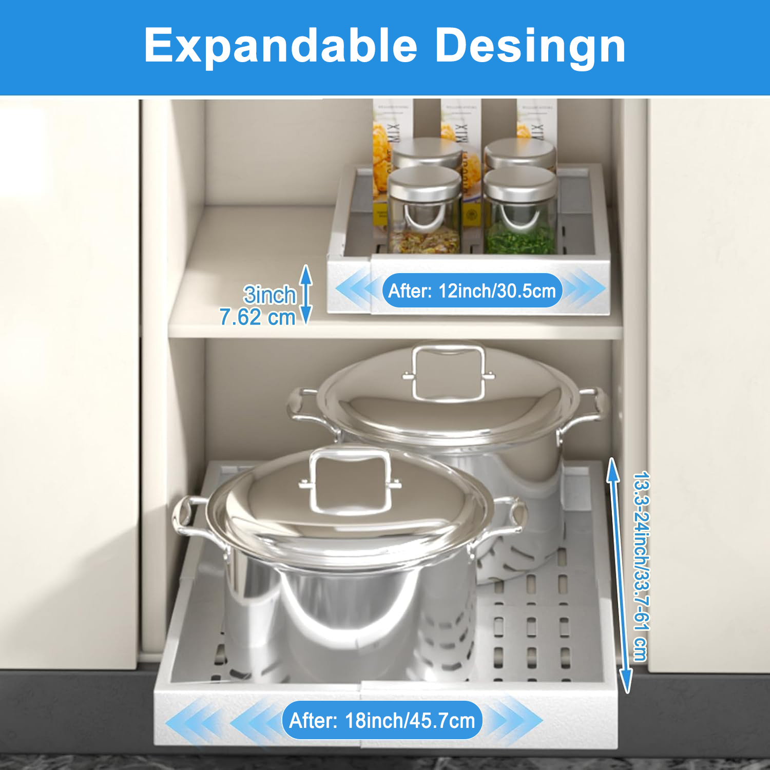 Pull-out cabinet storage box with expandable width 12 "-18" and depth 13.3-24 "adjustable drawers