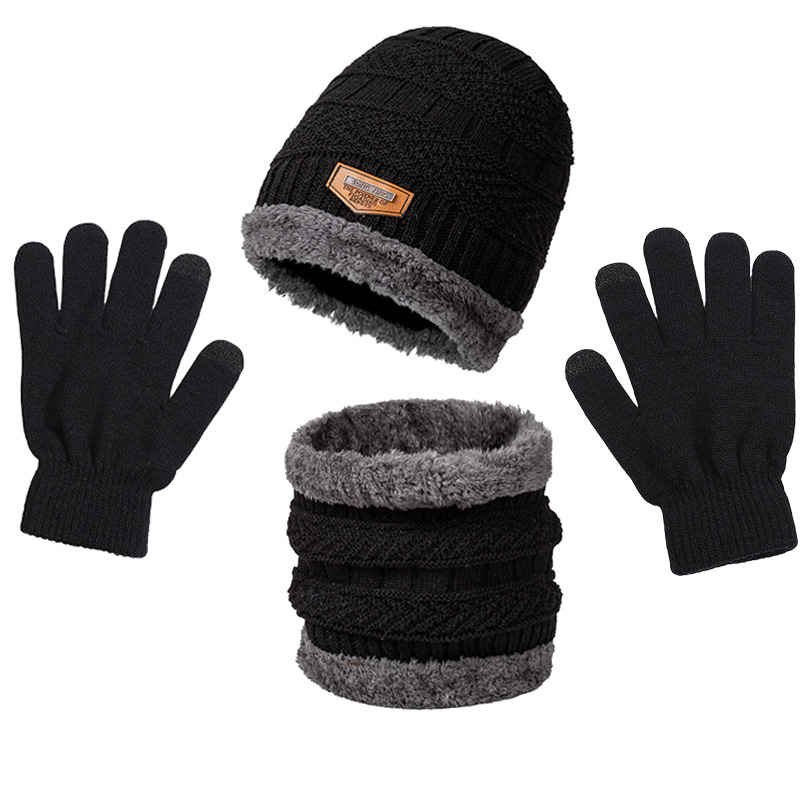 Warm Hat, Winter Men's and Women's Knitted Hat Three-Piece Set Plus Plush Woolen Hat, Scarf, One-Piece Cross-Border Hat and Gloves