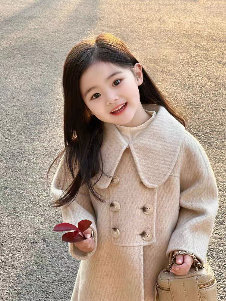 Korean Style Children's Clothing New Girls' Woolen Outwear Autumn and Winter Style Doll Collar Mid-Length Woolen Outwear for Children and Middle-Aged Children