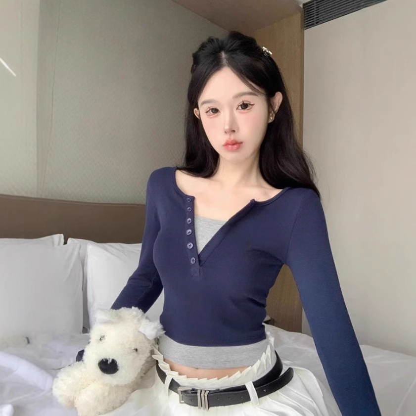 [Lightning Warehouse Hot Style] Contrast Color Fake Two-Piece V Neck Long Sleeve T-Shirt Women's Spring and Autumn Slim Short Bottoming Shirt Top