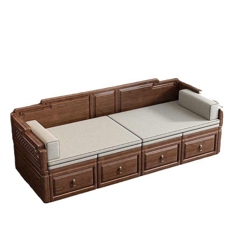 New Chinese Style Solid Wood Luohan Bed Walnut Living Room Retractable Tatami Sofa Zen Carved Sliding Sofa Bed