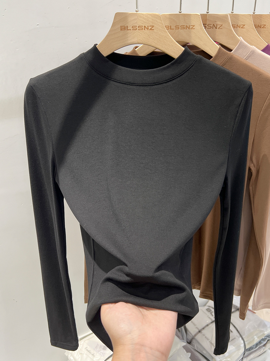 Small stand collar white cotton long-sleeved T-shirt women's spring slim-fit slimming bottoming shirt women's inner foreign-style thin top