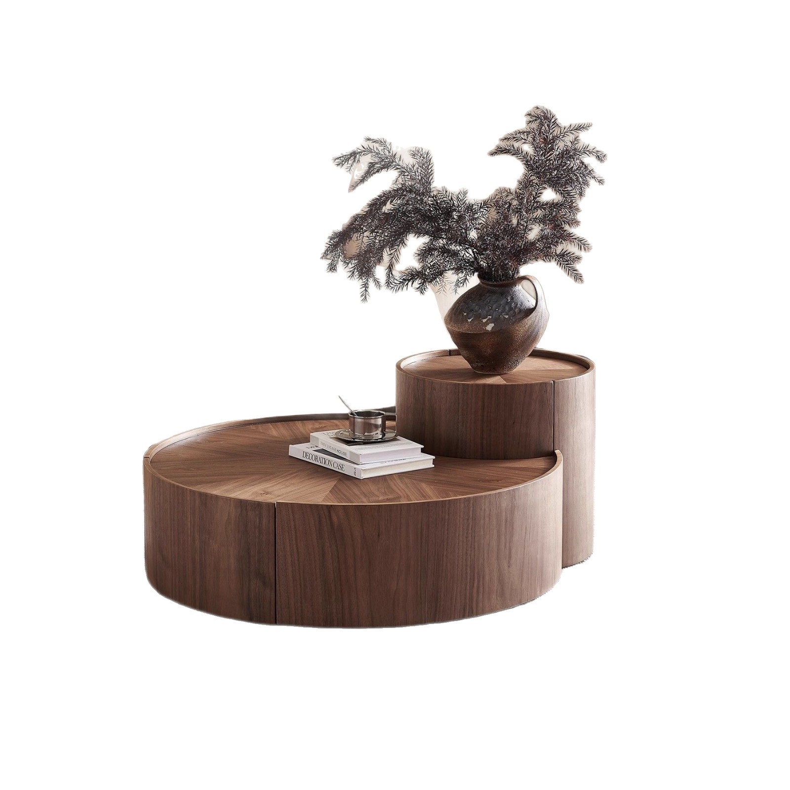 New Chinese-Style Light Luxury Round Walnut Coffee Table Set Designer Creative Living Room Home Wabi-Sabi Style