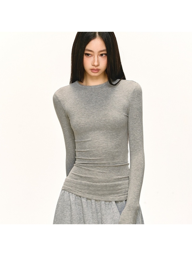 Long-Sleeved T-Shirt for Women in Autumn and Winter New Style Round Neck Slimming Look Short Right Shoulder Bottoming Shirt Top