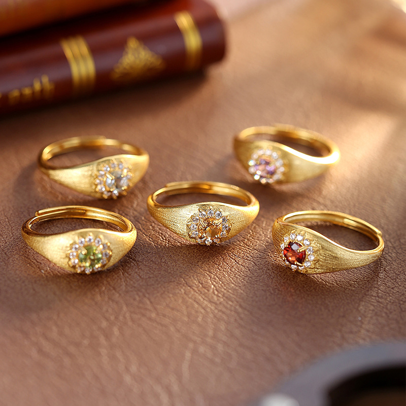 Xiaohongshu's Popular Natural Crystal Stone Retro Ring, Antique Style Brushed Craft S925 Sterling Silver High-End Ring