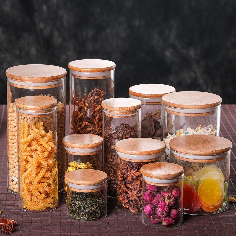 Factory wholesale high borosilicate glass sealed jar bamboo lid transparent storage jar candy jar kitchen storage jar tea jar