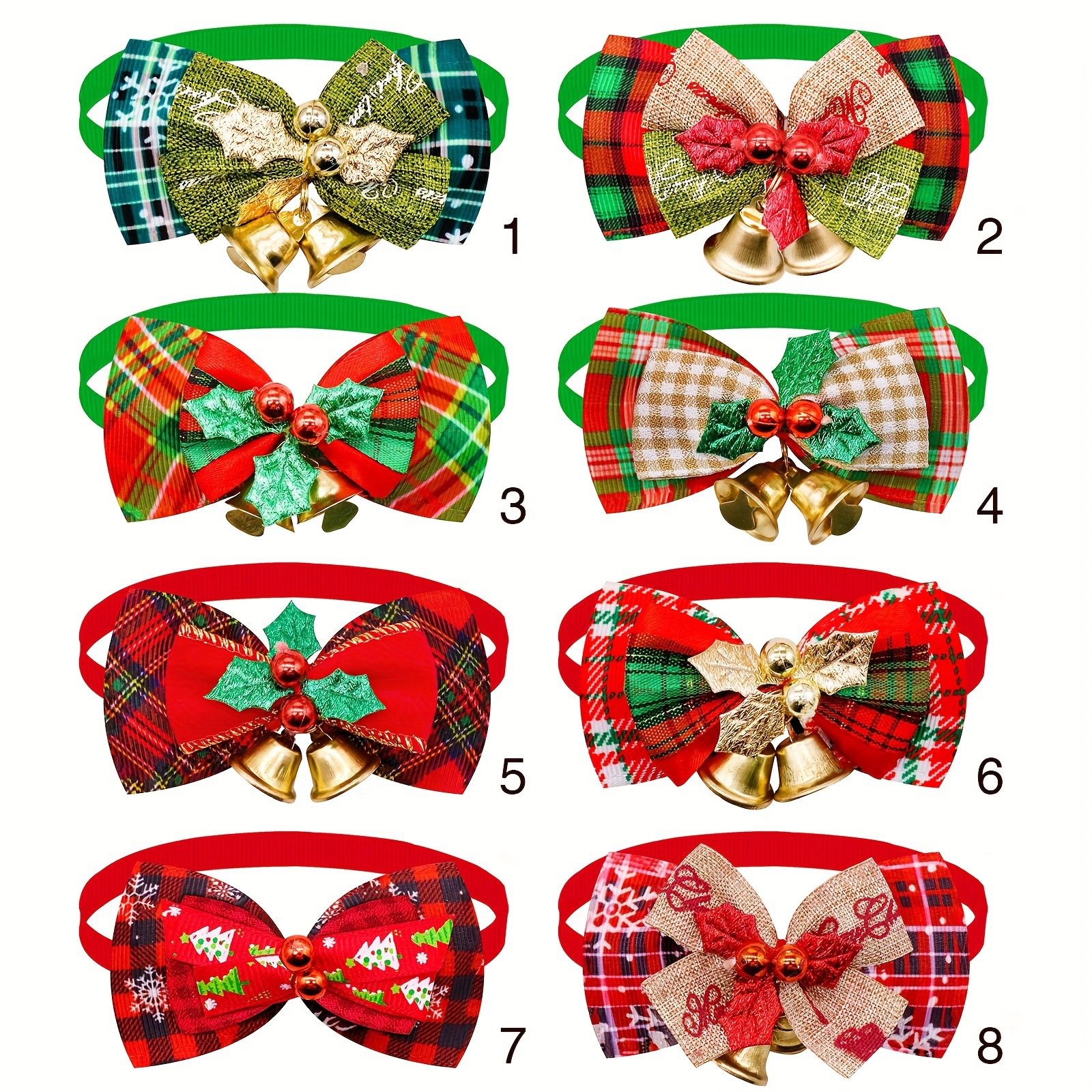 2025 New Cross-Border Dropshipping 8-Piece Pet Christmas Bow Tie with Bell, Christmas Plaid Pet