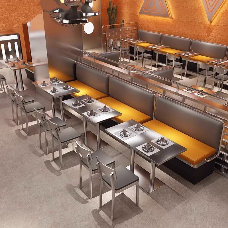 Barbecue Restaurant Hot Pot Restaurant Stainless Steel Card Seat Sofa Industrial Style Western Restaurant Cafe Tea Restaurant Dining Table and Chair Combination