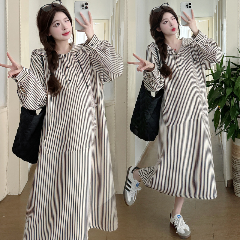 2025 Spring New Casual Striped Loose Shirt Korean Style plus size Slimming Mid-length Pregnant Women's Over-knee dress