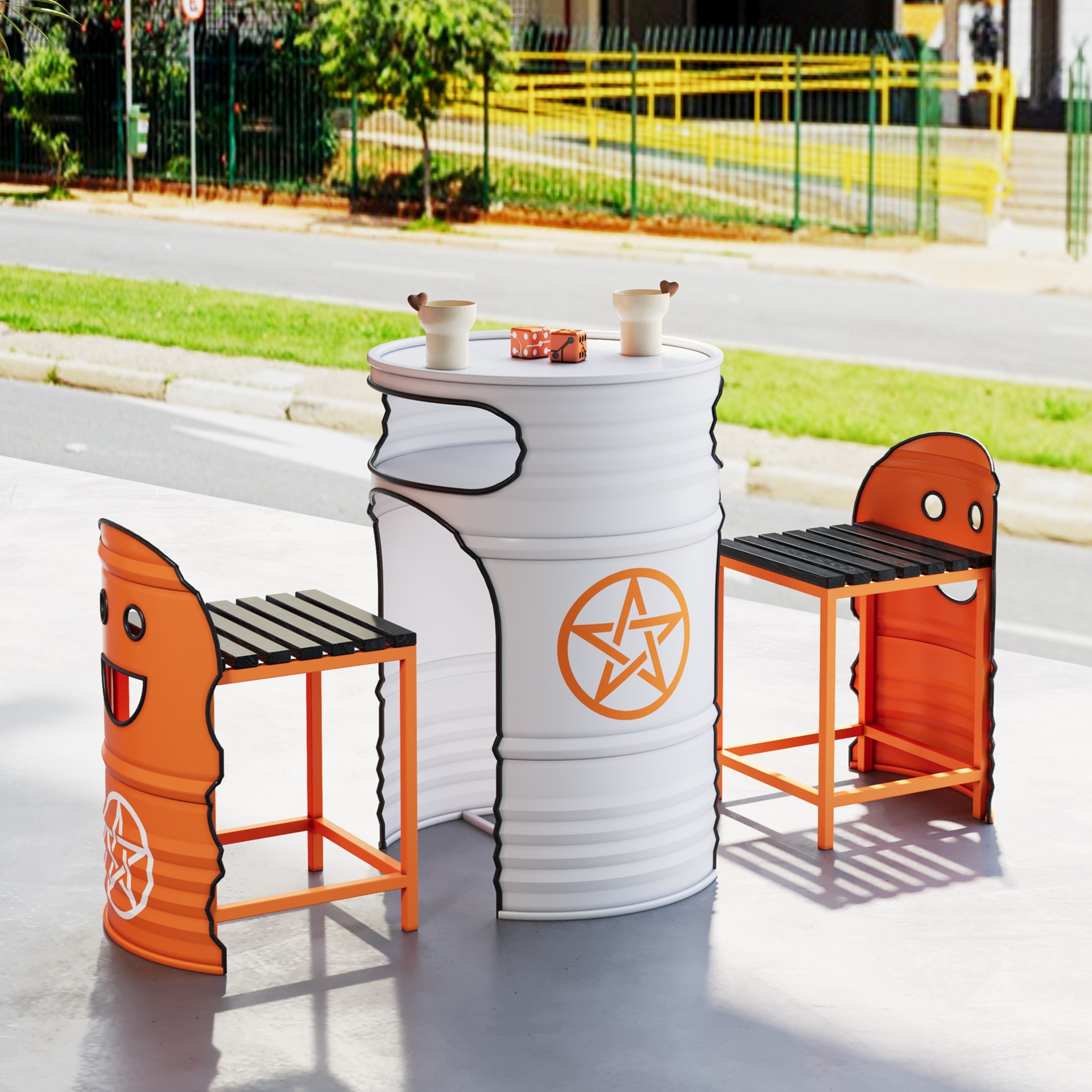 Trendy Milk Tea Coffee Bar Gym Billiard Room Shop Indoor and Outdoor Industrial Style Plastic Wood Oil Drum Table and Chairs Commercial Use